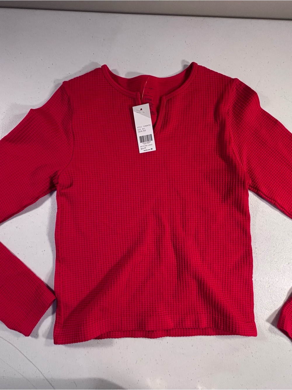 Women's Red Waffle-Knit Long Sleeve Tee